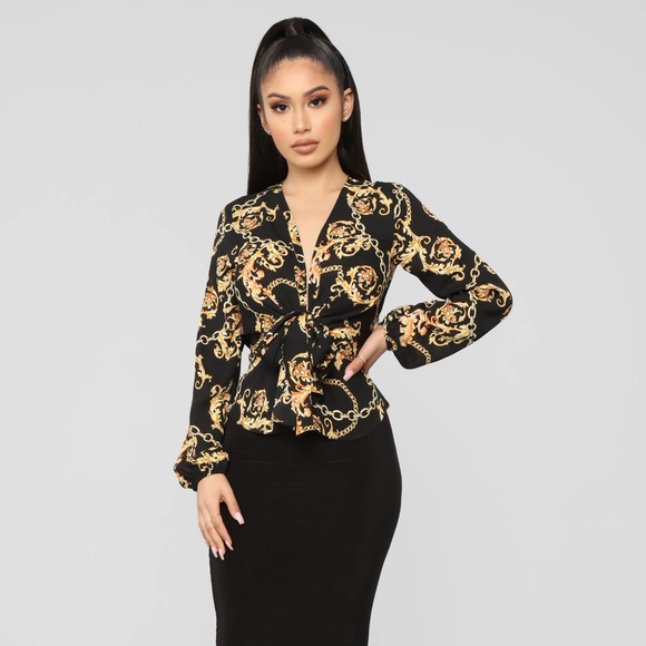 Fashion Nova Vanessa Gold Chain Black Blouse - Picture 2 of 6